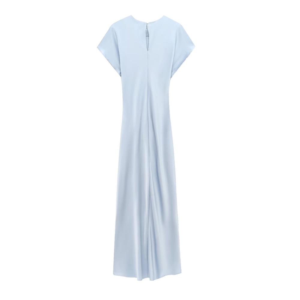 2025 Spring/Summer Women's Silk Satin Pleated Pullover Dress with Round Neck and Short Sleeves