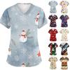 Women's V-Neck Short-Sleeve Work Shirt with Pockets Christmas Print Caregiver Uniform Top