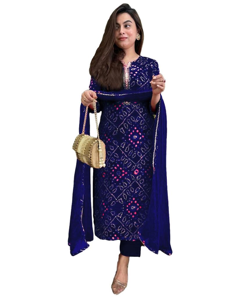 GoSriKi Women's Rayon Blend Bandhani Printed Straight Kurta with Pant & Dupatta (TURAE-RED-GS_L_Red_Large)