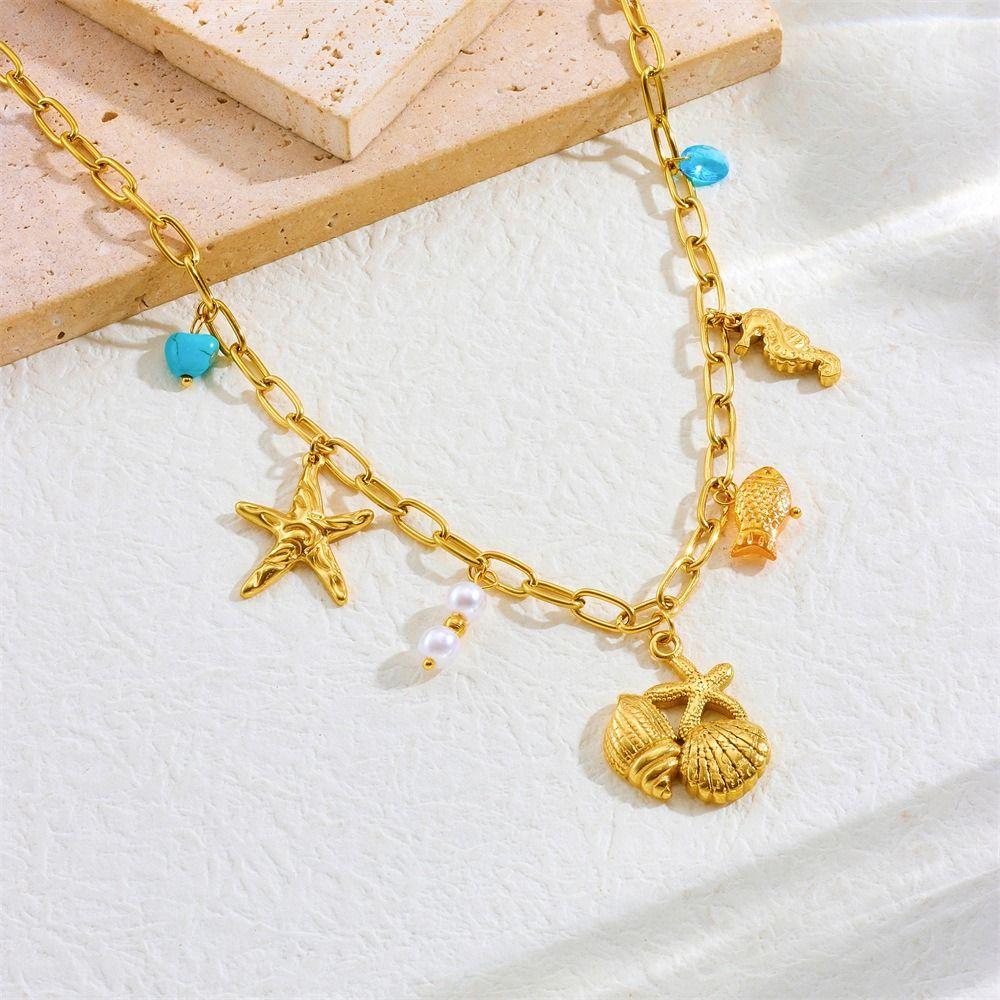 Vintage Ocean Pendant Necklace Metal Chain Multilayer Pearl Necklace Eyes of Demon Necklace  Lady