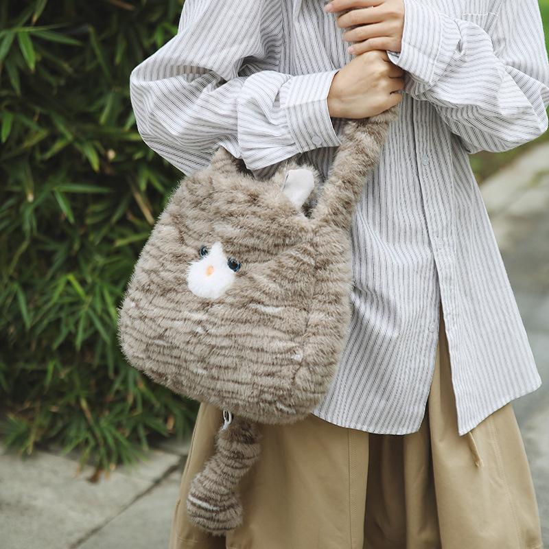 Cute plush cat messenger bag portable new female style girl soft cute fluffy large capacity shoulder bag