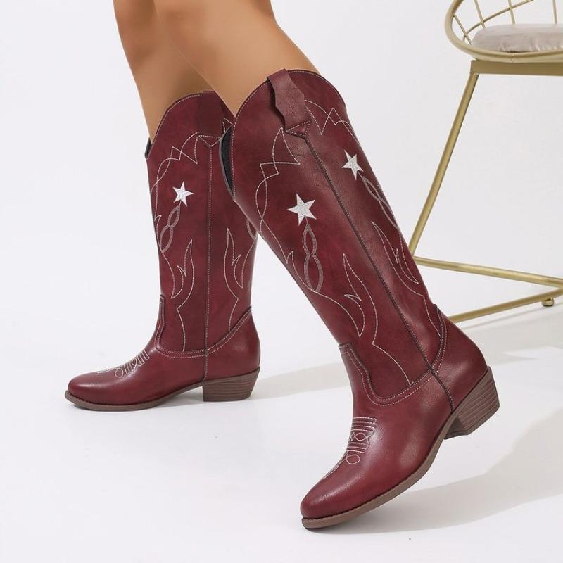 Foreign Trade Large Size Star Totem Embroidered High Leather Boots Women's European and American Style Sewing Thread Pointed Thick Heel Western Boots