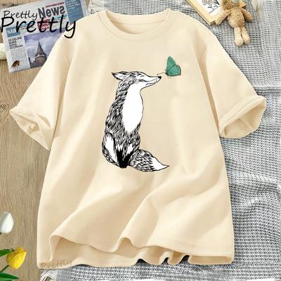 Tricou Vulpe și Fluture Bumbac Tricou Grafic Tricouri Moi Cambrate pentru Femei Bumbac Imprimat Mânecă Scurtă Tricouri Harajuku Îmbrăcăminte