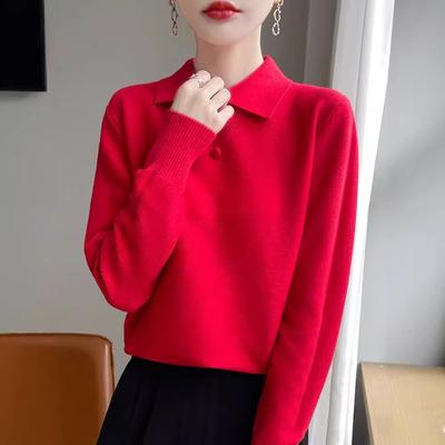 Age-reducing Lapel-neck Knitted Sweater Women's Long-sleeved Loose Early Autumn Bottoming Shirt Top Button-embellished PO Collar Inner Sweater