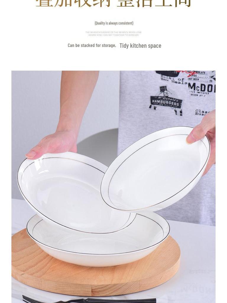 Ceramic Gold Rim Bone China Tableware Set - Microwave Safe Deep Plate, Rice Bowl for Home and Hotel Use.