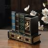 British Style Desk Accessory Wooden Book-Shaped Pen Holder, Retro Organizer with Drawer, Holder Creative Storage Container for Pens Notes Paper Clips