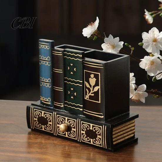 British Style Desk Accessory Wooden Book-Shaped Pen Holder, Retro Organizer with Drawer, Holder Creative Storage Container for Pens Notes Paper Clips