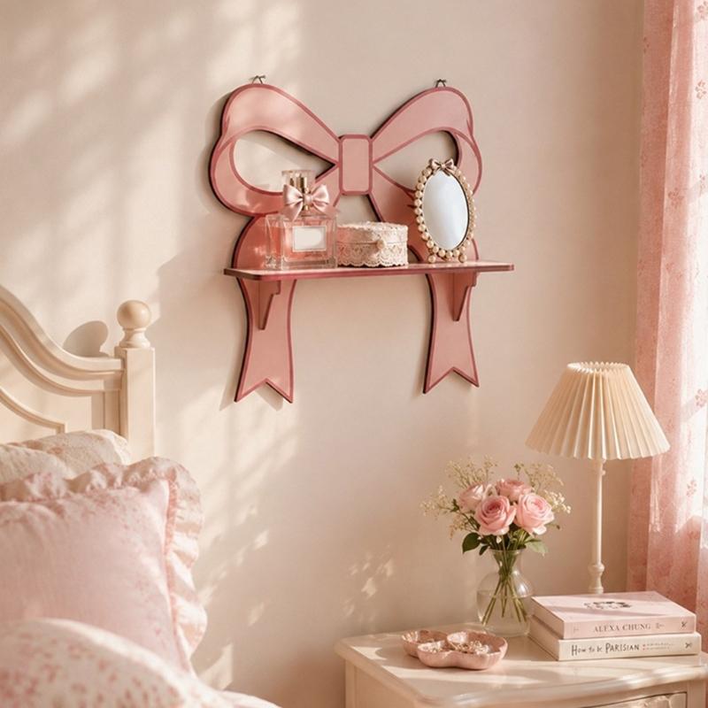 Hanging Wall Shelf for Decors, Pink Bows Wooden Display Shelf for Small Items, Wall Mounted Accent Shelf for Bedroom and Vanity Area