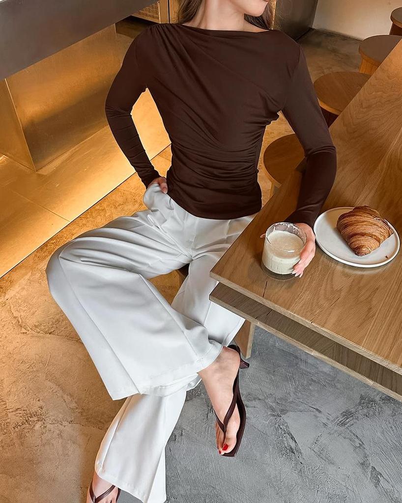 2025 Autumn European & American Slimming Ruched Long-Sleeve Shirt for Women