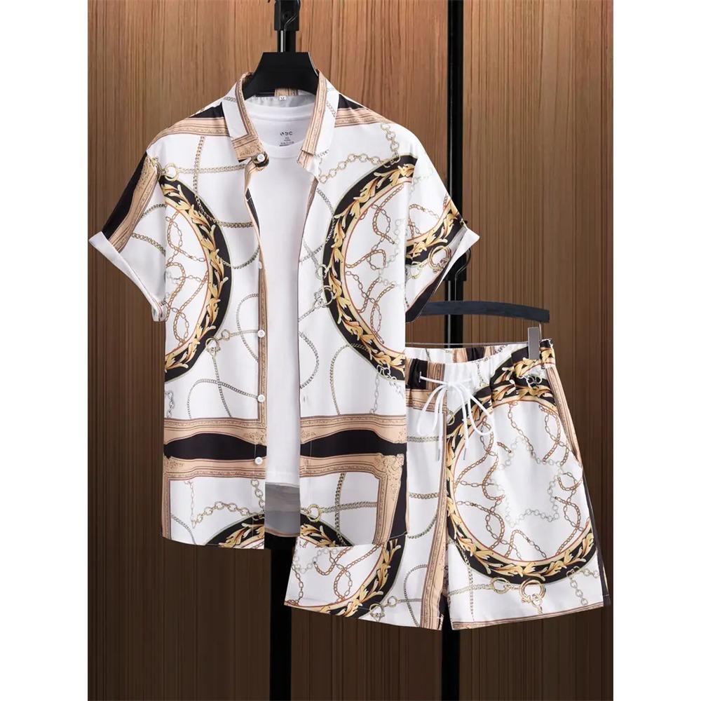2024 New Men's Beach Wear 2-Piece Quick Drying Hawaiian Shirt and Shorts Set Summer Men's Fashion Striped Print Casual Wear