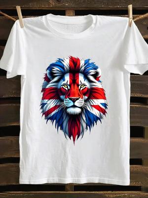 A High-Quality 100% Cotton Summer Men's T-Shirt, Featuring A Lion Head Print With British Flag