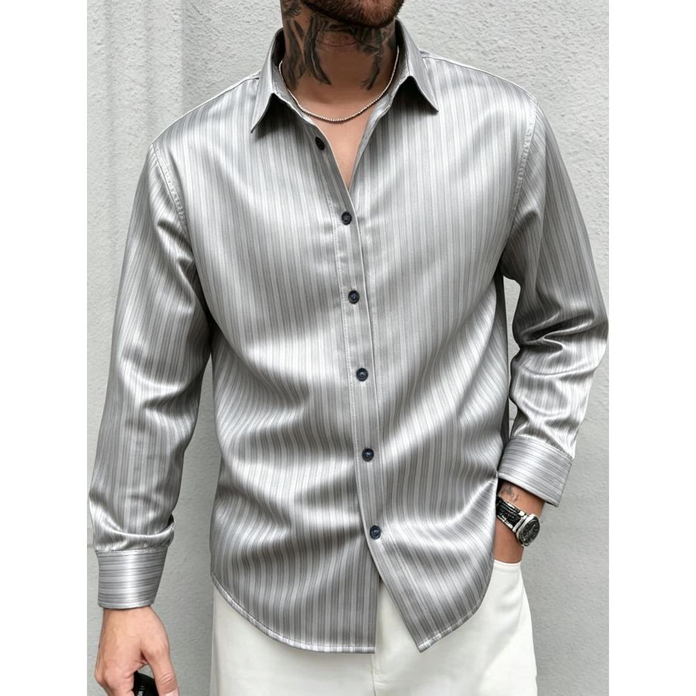 Men's Slim Vertical Striped Long Sleeved Shirt, Loose Collared Casual Shirt, Simple and Versatile Men's Top for Daily Commuting