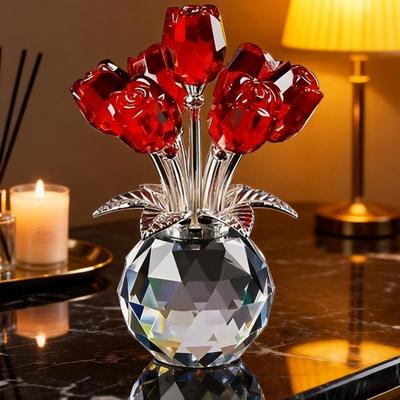 Crystal Rose Ornament - A Timeless Symbol of Elegance and Love, 3D Red Flower Crystal Glass Flowers with Stems, Crystals Red Flower Figurines Gifts