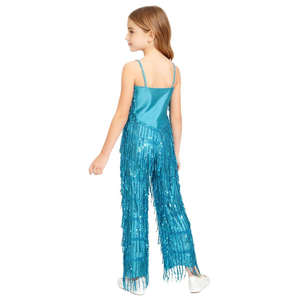 Girls Disco Latin Dance Jumpsuit Multi Layer Shiny Sequin Tassels Sleeveless Adjustable Straps Long Pants