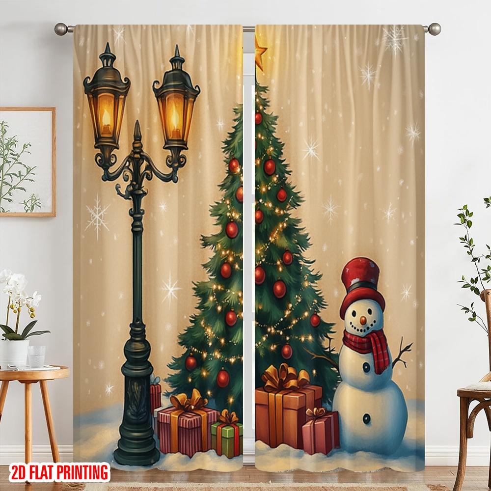 2pcs,2D Plane Printing Curtains Christmas Tree Snowman Gifts_a Polyester Easy Install (without Rod) Gifts for Living Room,