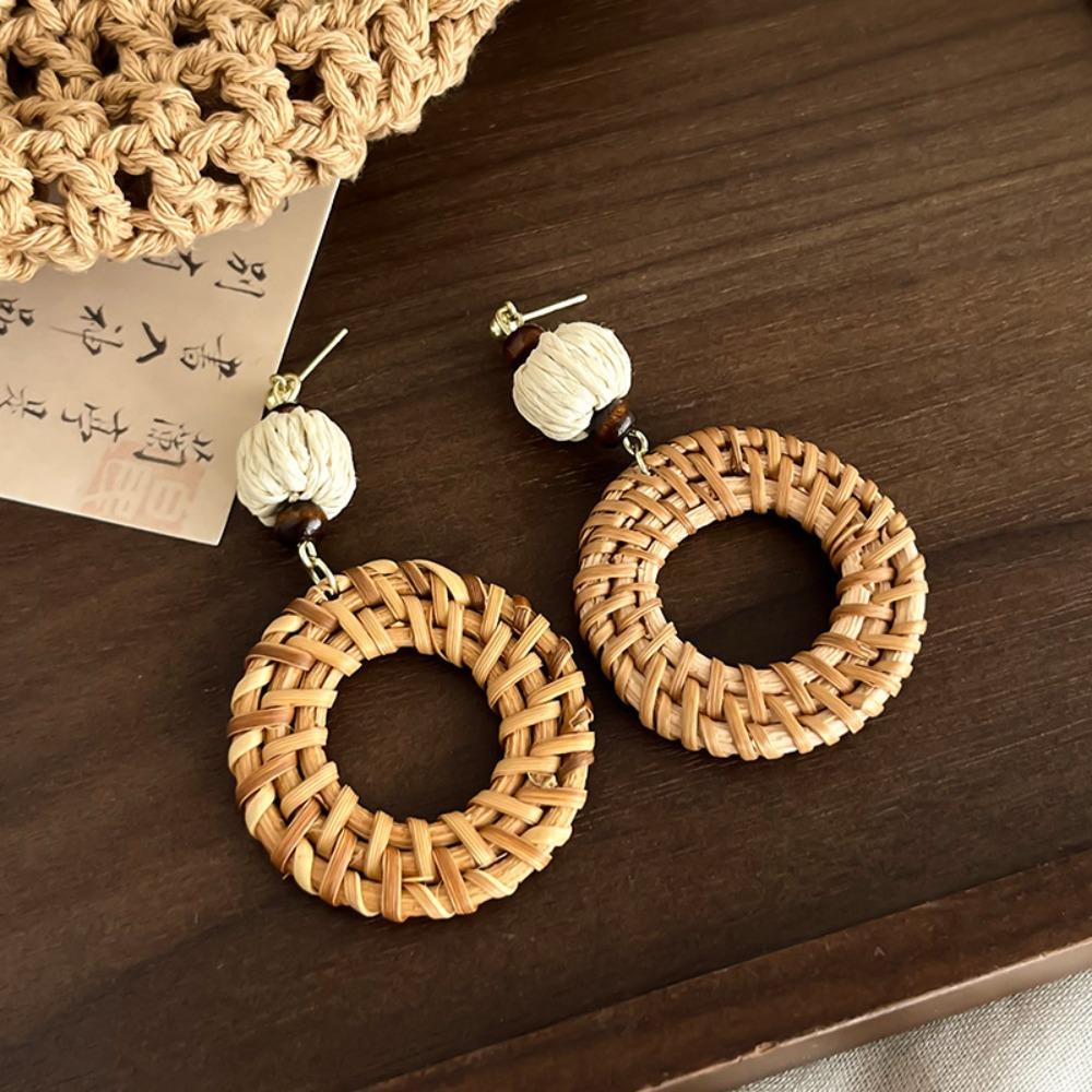 Round Rattan Weave Earrings Flower Beach Jewelry Cute Bohemian Drop Earrings  Wedding