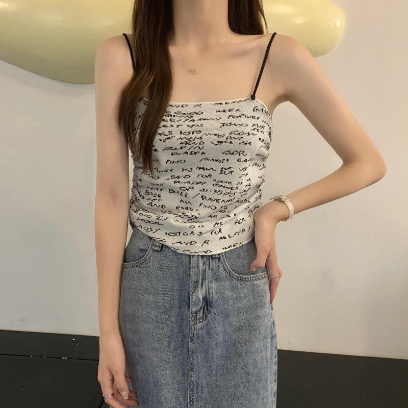 Hot Girl Beautiful Back Lingerie Letter Suspender Vest Women's Summer Short Sleeveless Inner and Outer Tights