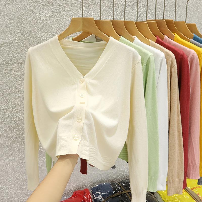 Short Knitted Cardigan Jacket Women's Spring and Autumn New Black Outer Sweater Long-sleeved Bottoming Shirt, Top