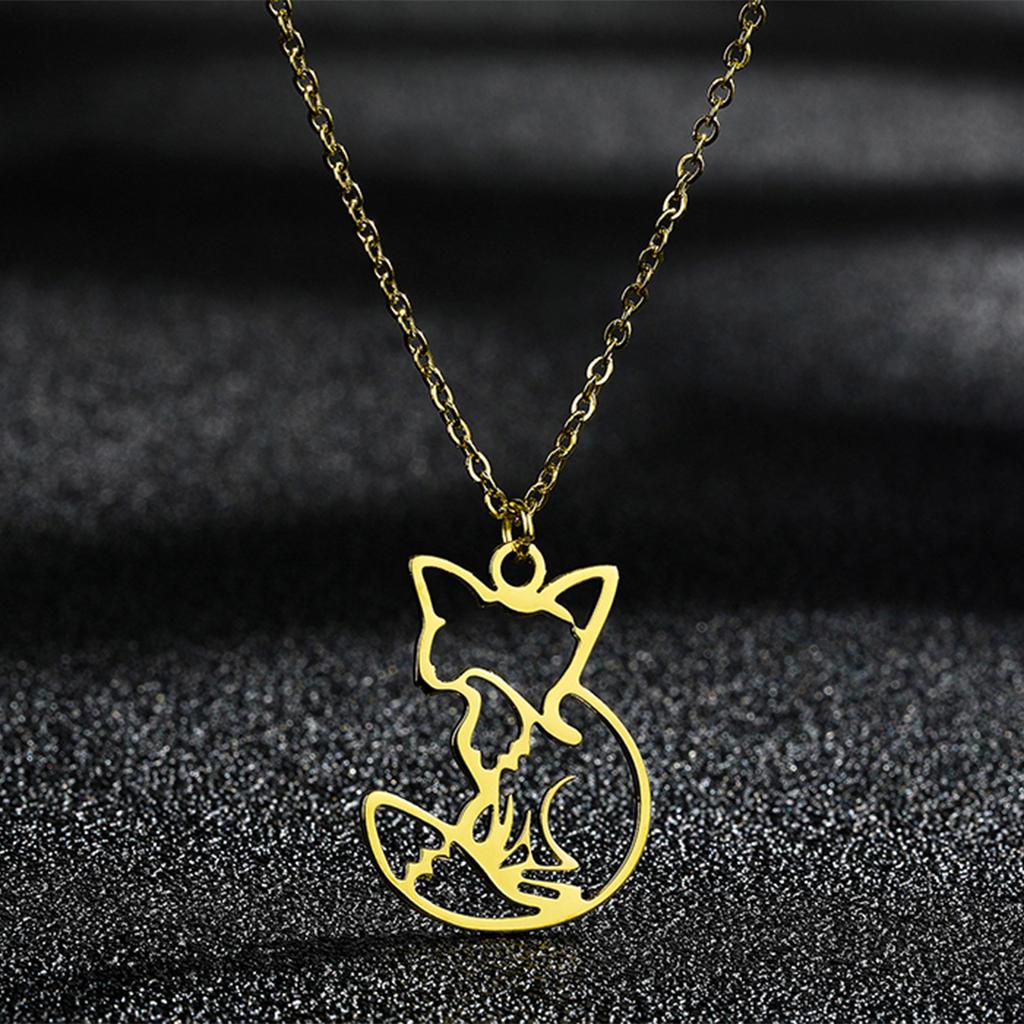 Kinitial Stainless Steel Women's Animal Fox Charm Pendant Necklace Hollow Animal Jewelry