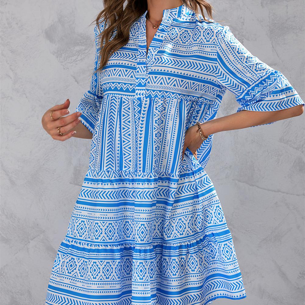 QICED Damenmode Sommer Frühling Rautendruck Kurzarm V-Ausschnitt Hohe Taille Freizeitkleider
