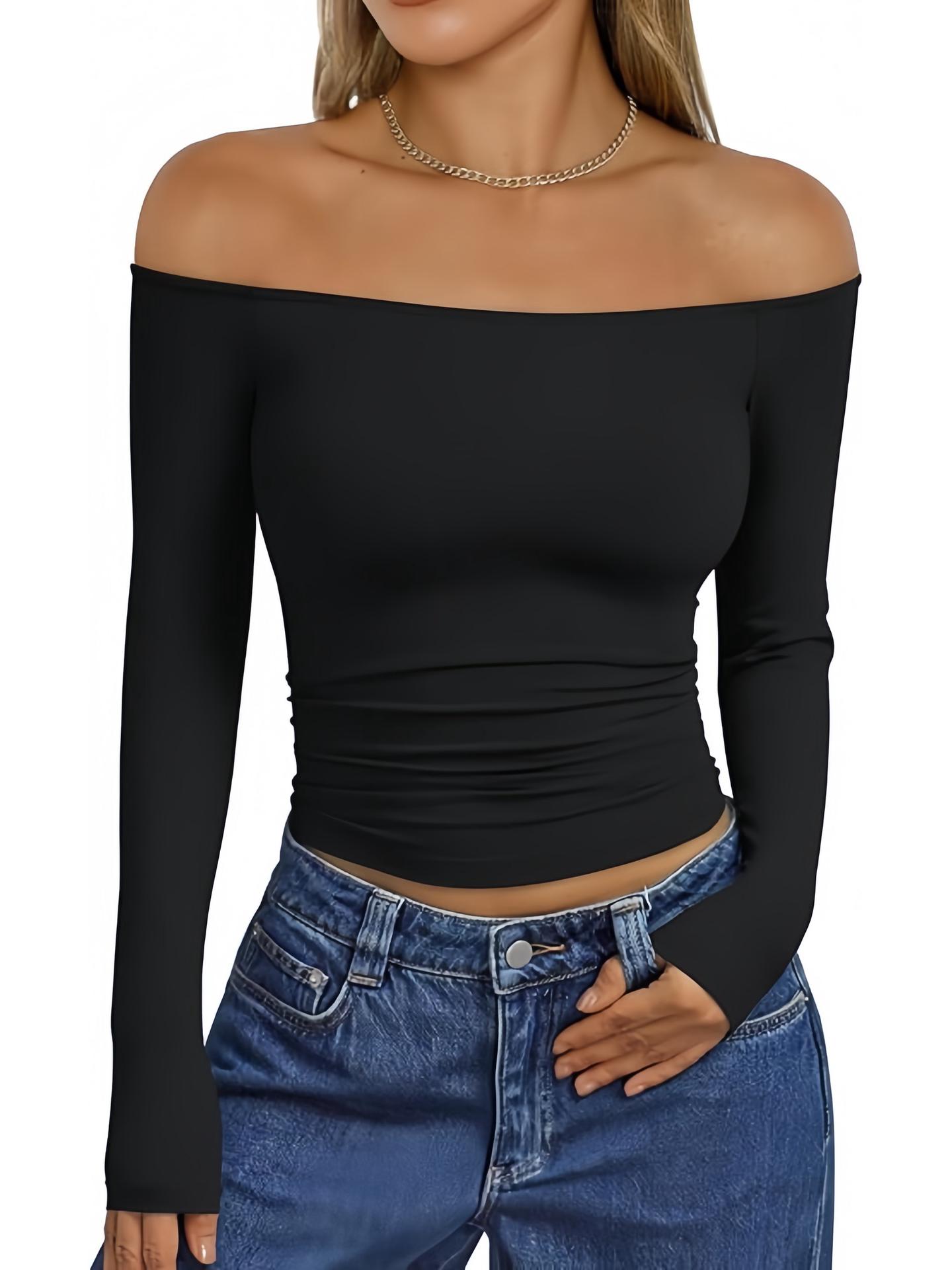 2026 Stylish Slim-Fit One-Shoulder Long Sleeve Women s T-Shirt Small чёрный