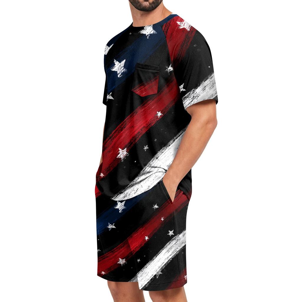 Men's Two Piece Sleepwear Set Short Sleeve Top and Shorts Lightweight Comfortable Soft Fabric Lounge Pajama Set for Summer Homewear