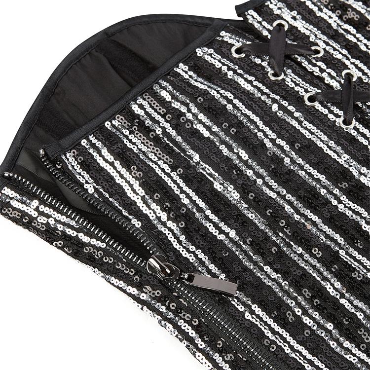 New Style Silver Black Sequin Strapless Bodycon Top with Bra Support Corset Bodysuit for Women