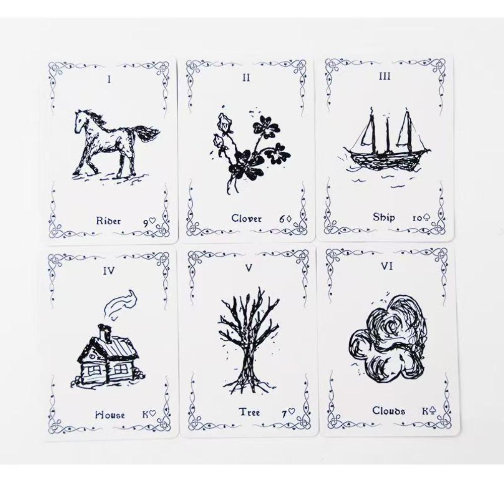 9*6cm Luna Lenormand Deck - 36 Minimalist Black and White Oracle Cards Hand-Drawn Sketch Style
