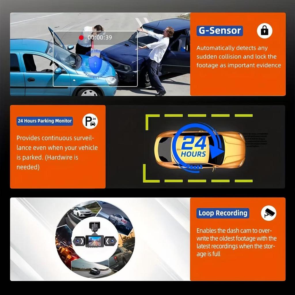 3/4CH Dash Cam, 1080P+720P Multi-Lens, IR Night Vision, Auto Loop Recording Universal Car Fit