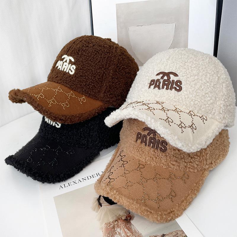 Autumn and Winter Lamb Wool Baseball Cap for Women Korean Version Versatile Letter Hot Diamond Embroidered Peaked Cap Warm Couple Hat