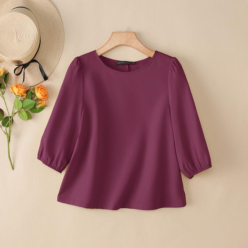 ZANZEA Women Casual Round Neck Loose 3/4 Sleeve Solid Blouse