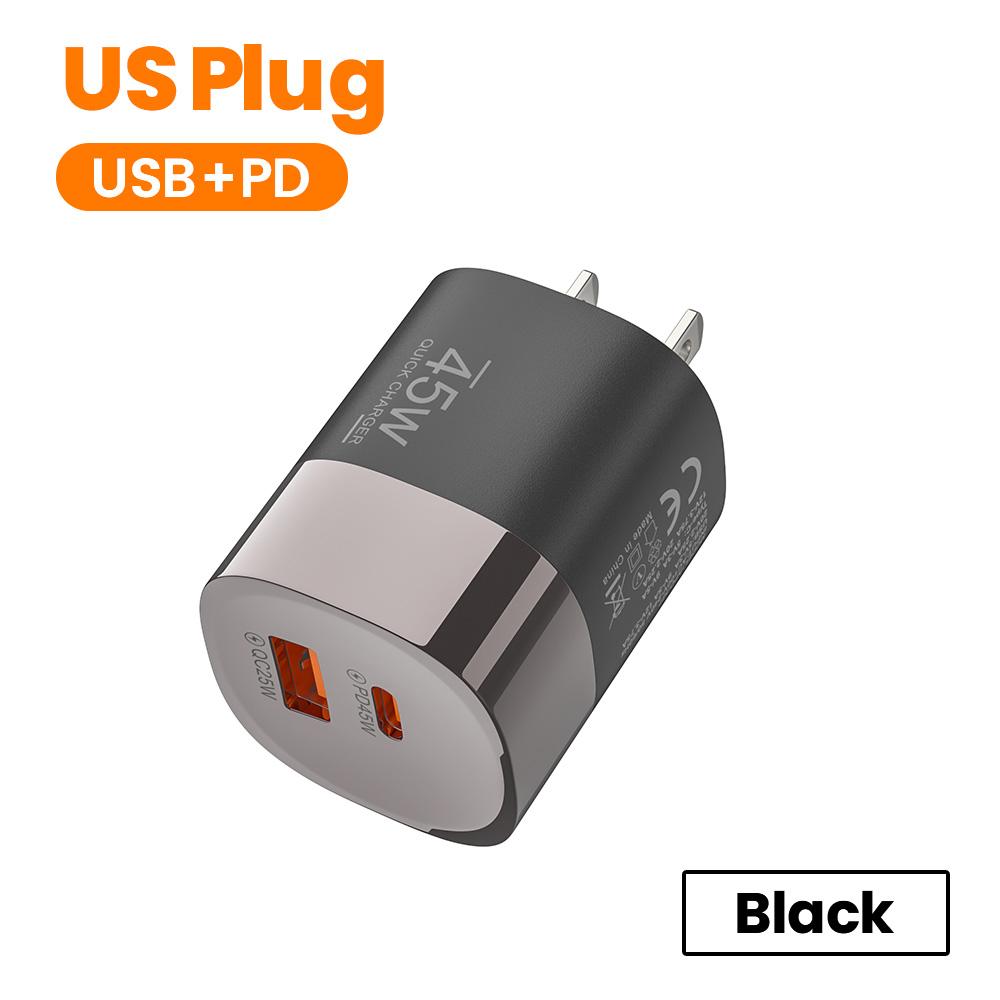 

45W USB Type C Phone Fast Charger QC3.0 Super Fast Charging EU/UK/US Plug Adapter For iPhone15/16/17 Samsung Huawei Xiaomi US Black