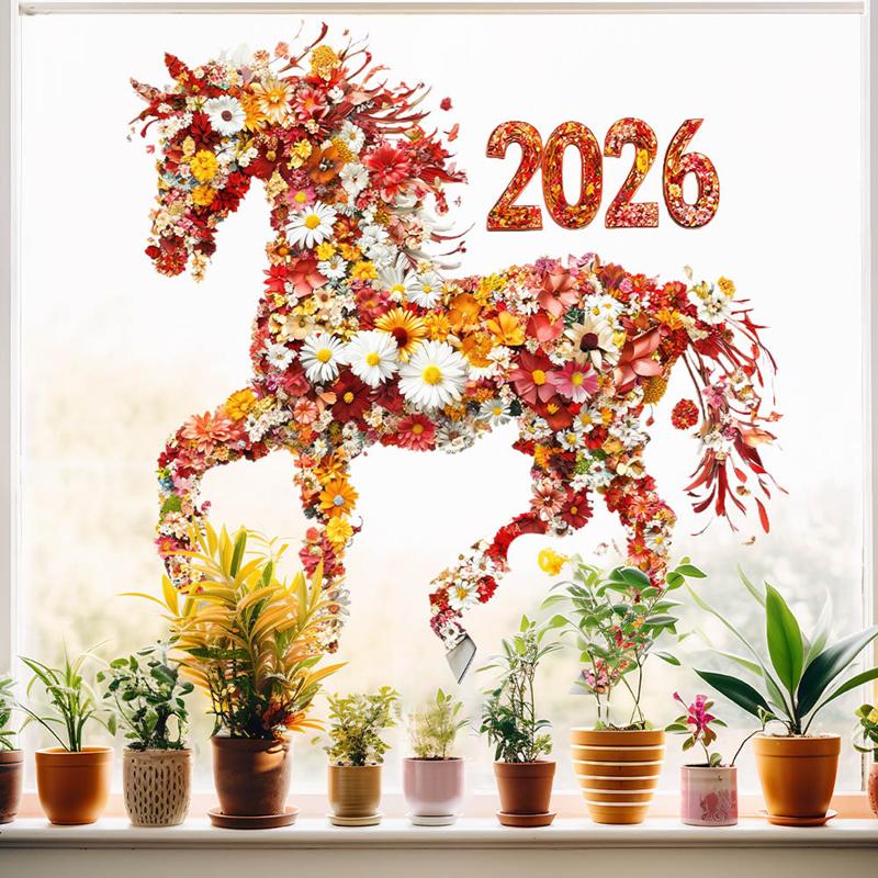 2026 Year Red Flower Horse Vinyl Electrostatic Stickers On the Glass Door Window Wall Removable for Home Office Room Decorations