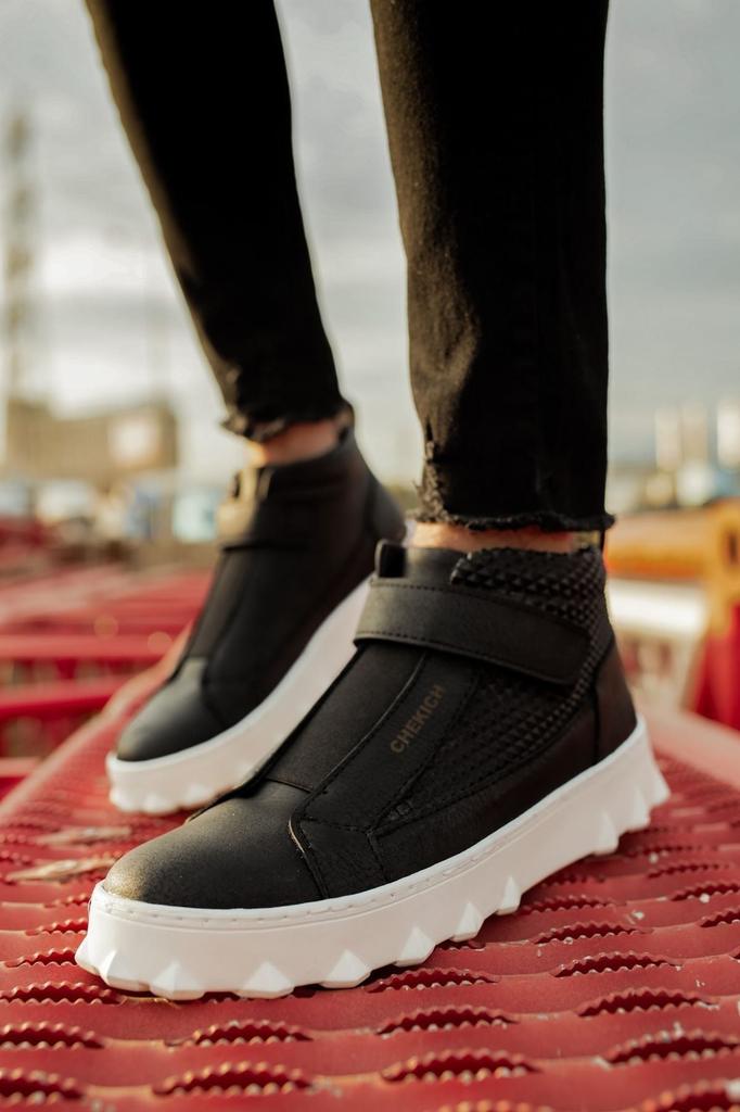 Men's Fashion Faux Leather Flat Heeled Boots Bootie CPyramid Long Boots Black Shoes
