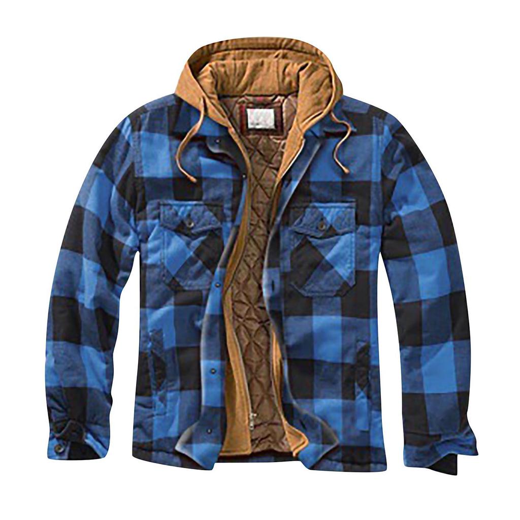 Gestepptes, gefüttertes, kariertes Button-Down-Hemd für Herren. Mit Samt versehen, um warm zu bleiben. Jacke mit Kapuze(Nicht positionierendes Drucken)