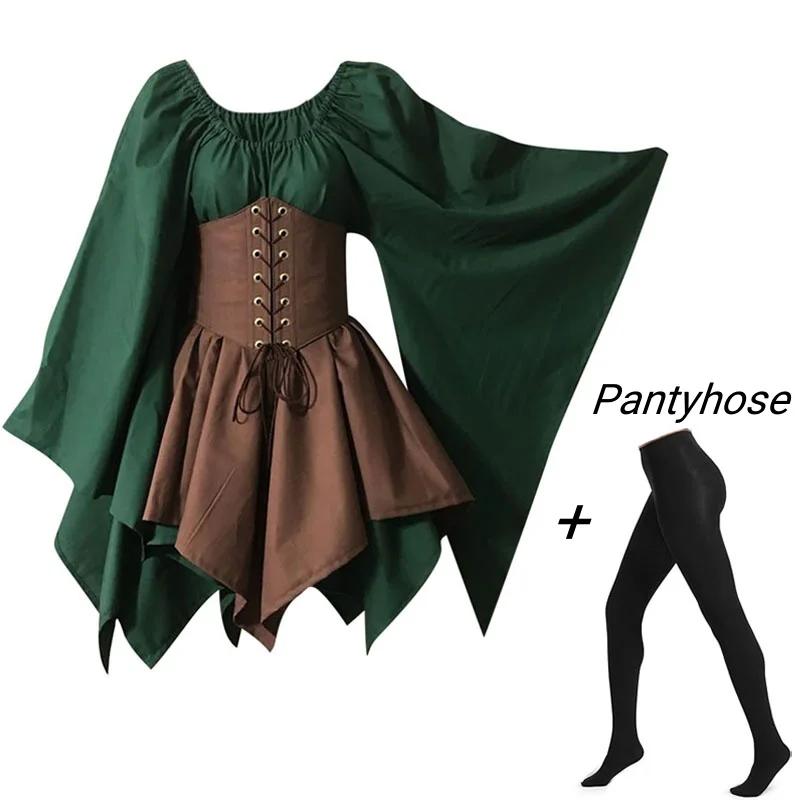 European Medieval Costume Women's Renaissance Flare Sleeve Corset Overskirt Elf Protector Fancy Dress Irish Overdress 2-P
