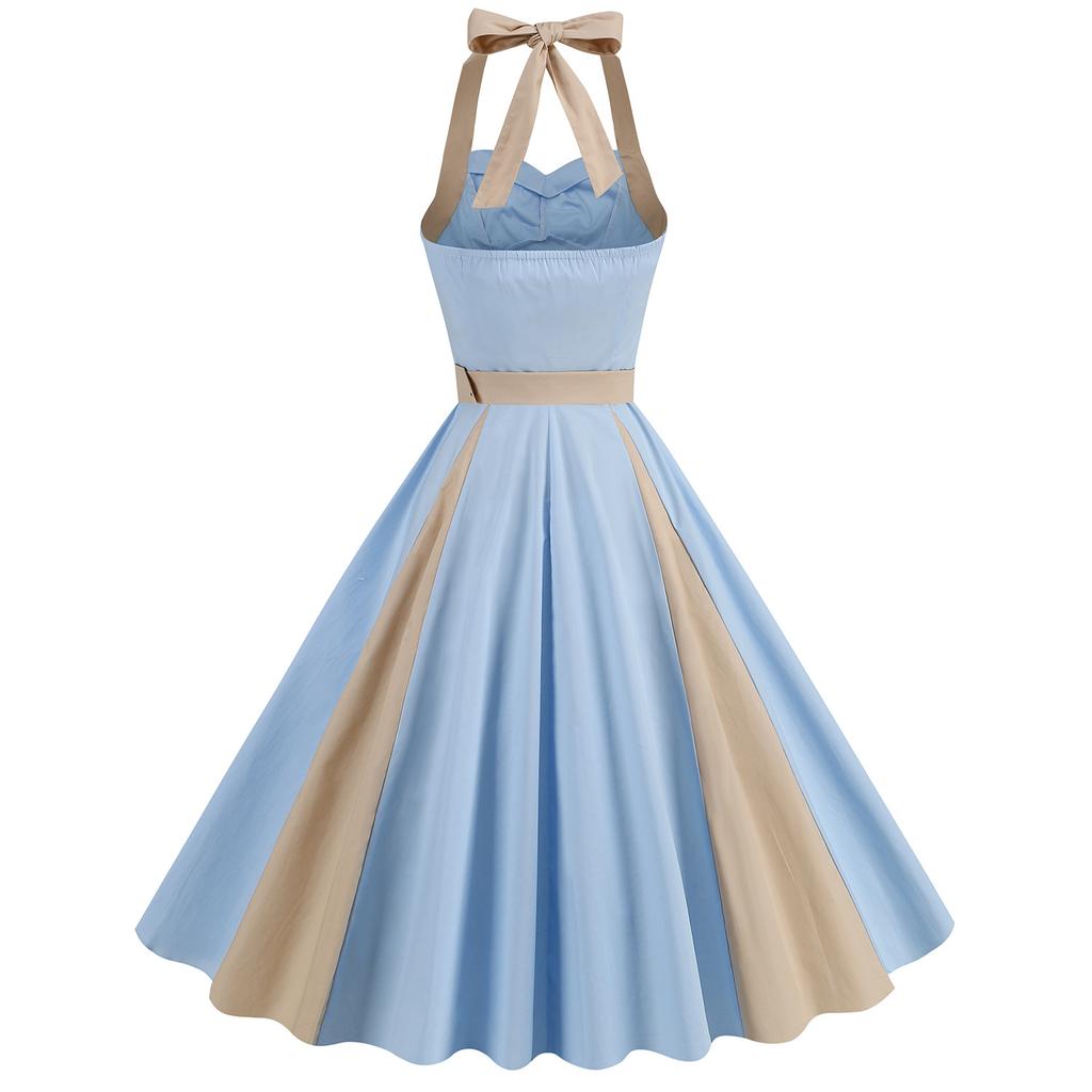 New Vintage-Style Patchwork Midi Dress for Women: Fashionable, Youthful, Halter Neck, Tie-Front, and Full Skirt