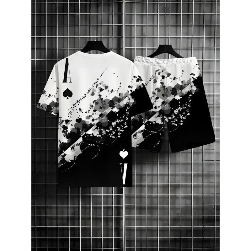 

Летний мужской костюм из двух частей, футболка с короткими рукавами, шорты, мужская модная одежда, покерный принт, повседневная спортивная одежда XXL