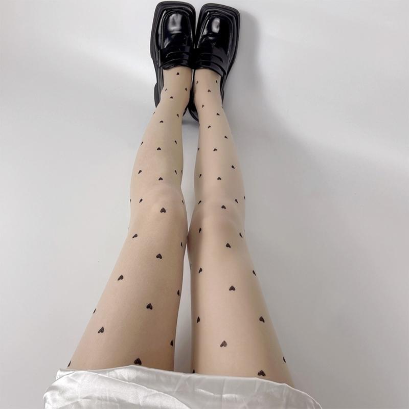 Women Sexy Ultra-Thin Sheer Silky Tights Japanese Sweet Bowknot Polka Dot Heart Printed See Through Pantyhose Stockings