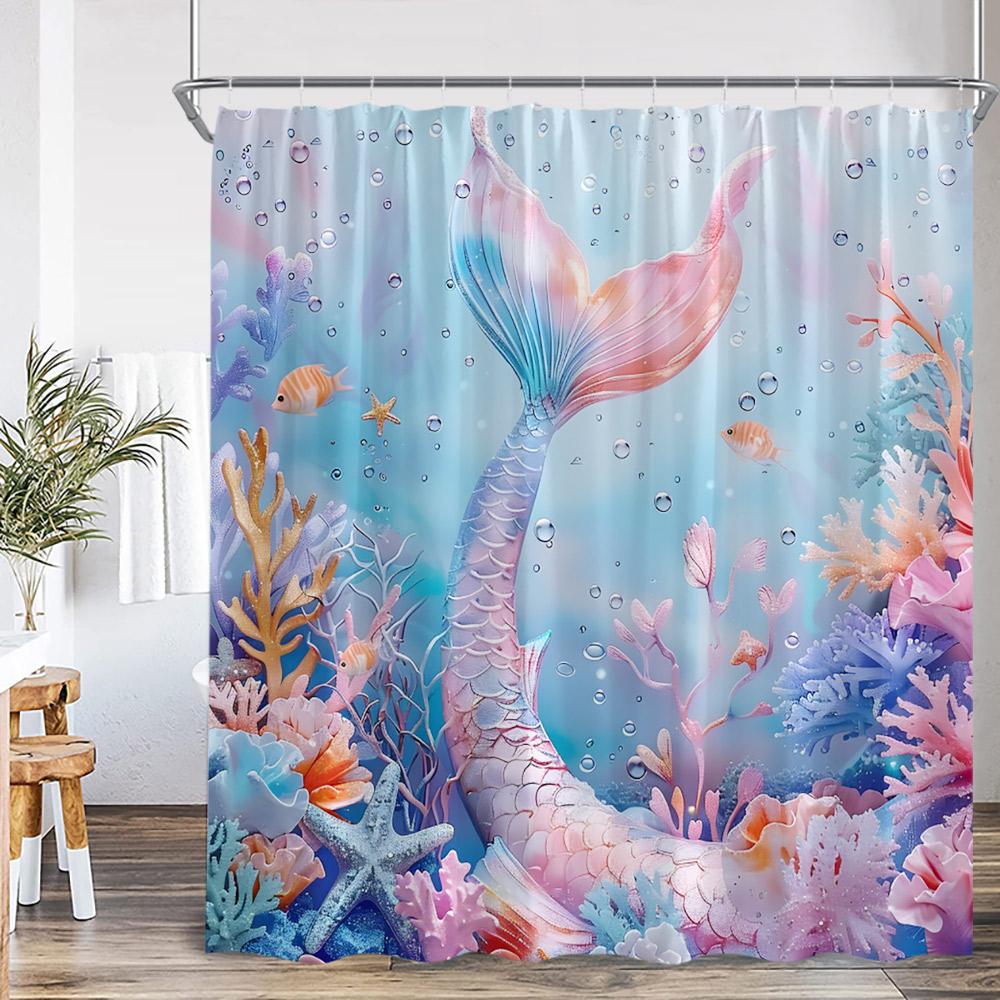 Pink Mermaid Shower Curtain Mermaid Tail Bathtub Curtain For Girls Kids Bathroom Under The Sea Ocean Theme Bath Decor With Hooks