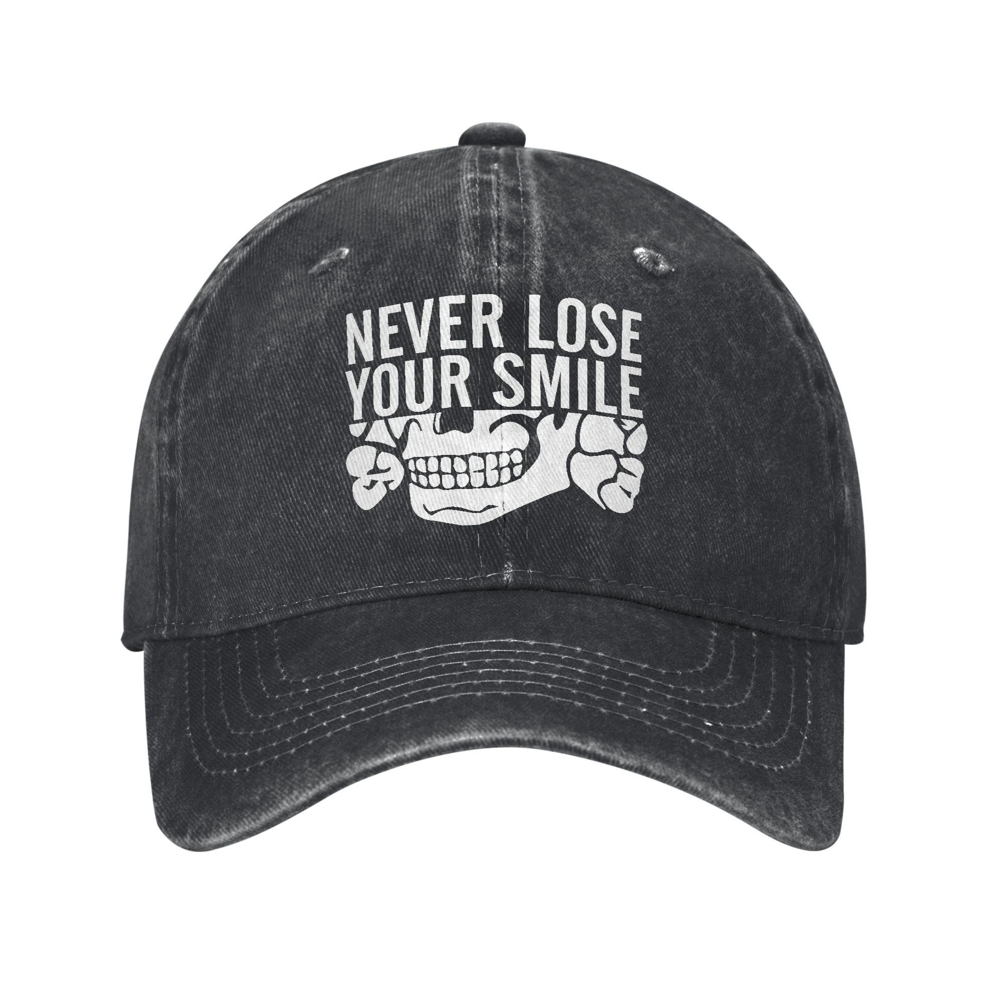 

Never Lose Your Smile Baseball Cap Vintage Distressed Denim Sun Cap Unisex Outdoor All Seasons Travel Adjustable Caps Hat Adjustable
