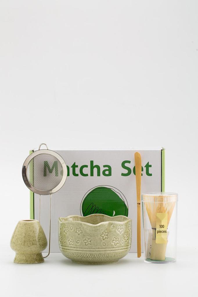 Ceramic Matcha Tea Ceremony Set with Whisk, Chasen Holder, and Brush.