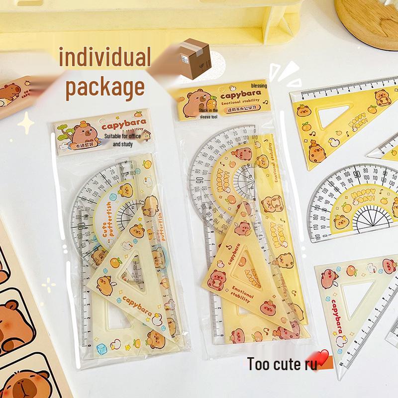 Capybara Cartoon Ruler Set: 4-Piece Portable Student Stationery - Square, Triangle, and Straight Rulers