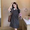Summer 2025 Korean Sweet Sporty Striped Polo Collar Dress - Women's Short Sleeve Slimming Style