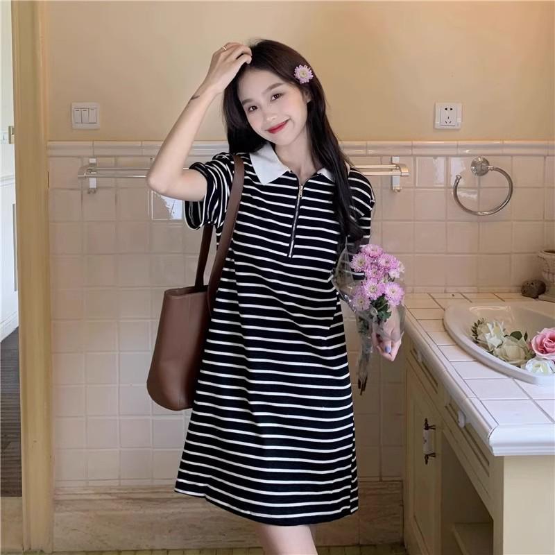 Summer 2025 Korean Sweet Sporty Striped Polo Collar Dress - Women's Short Sleeve Slimming Style