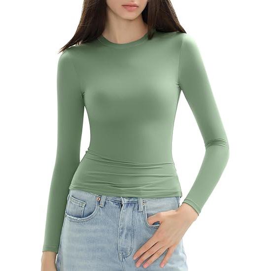 

Женская приталенная футболка с длинным рукавом и круглым вырезом: Универсальная модная верхняя одежда Extra Small