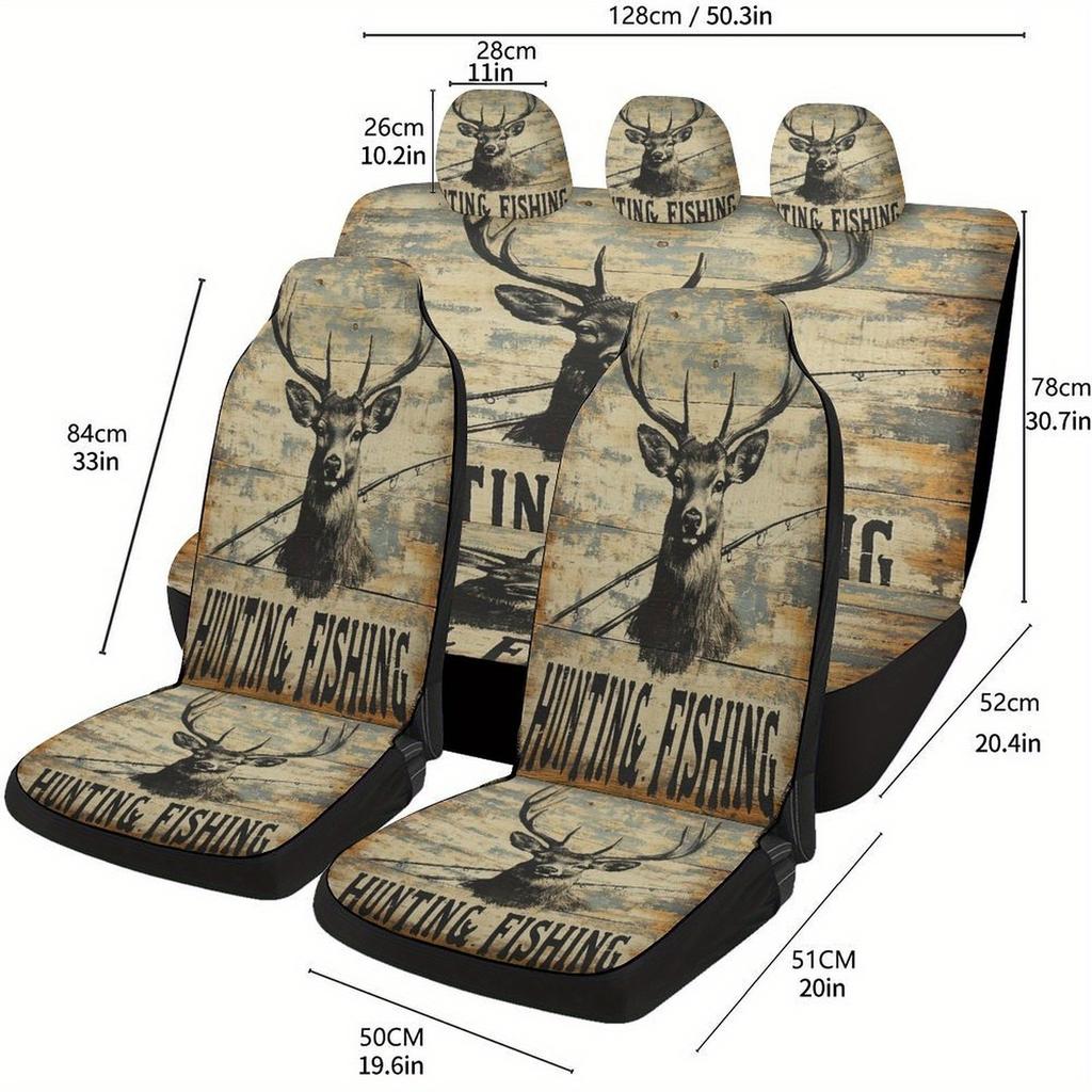 Car Seat Cover Set Featuring A Hunting And Fishing Theme, Suitable For Various Vehicles. This Trendy Novelty Set Includes Full F