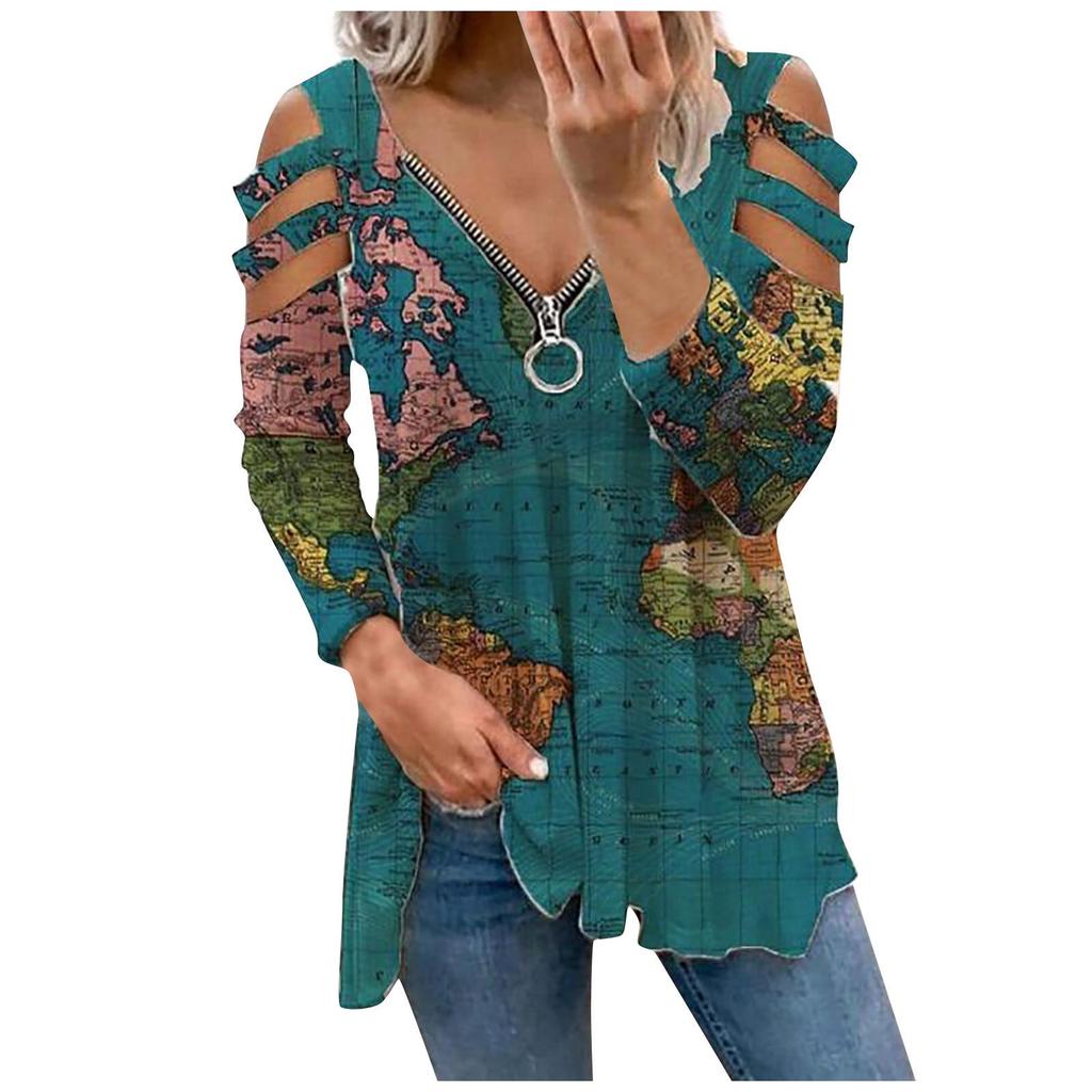Women Casual Fashion Printed Zipper Long-sleeved V-neck T-shirt Top Blouse