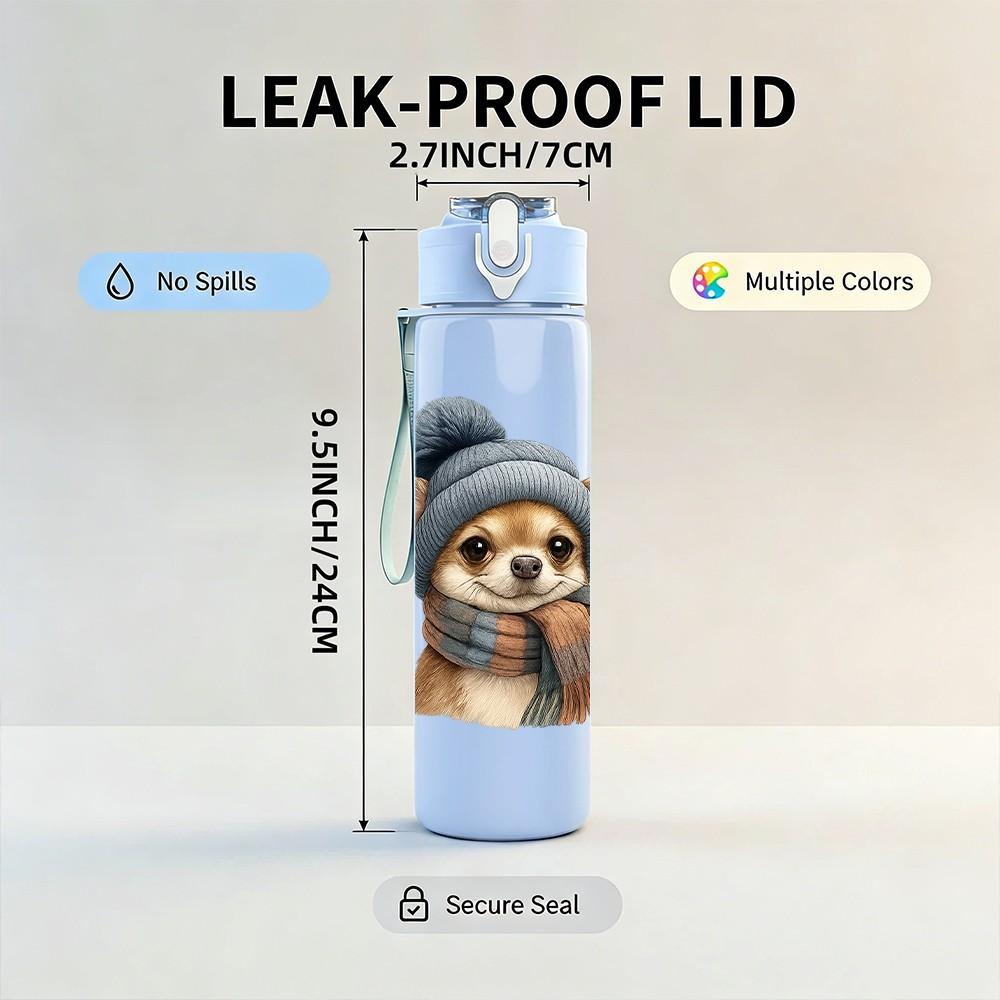 1PC Warm Hat Chihuahua Cartoon 750ml Color Plastic Sports Water Bottle Leakproof Flip Straw Lid Suitable for Sports Office Home Use