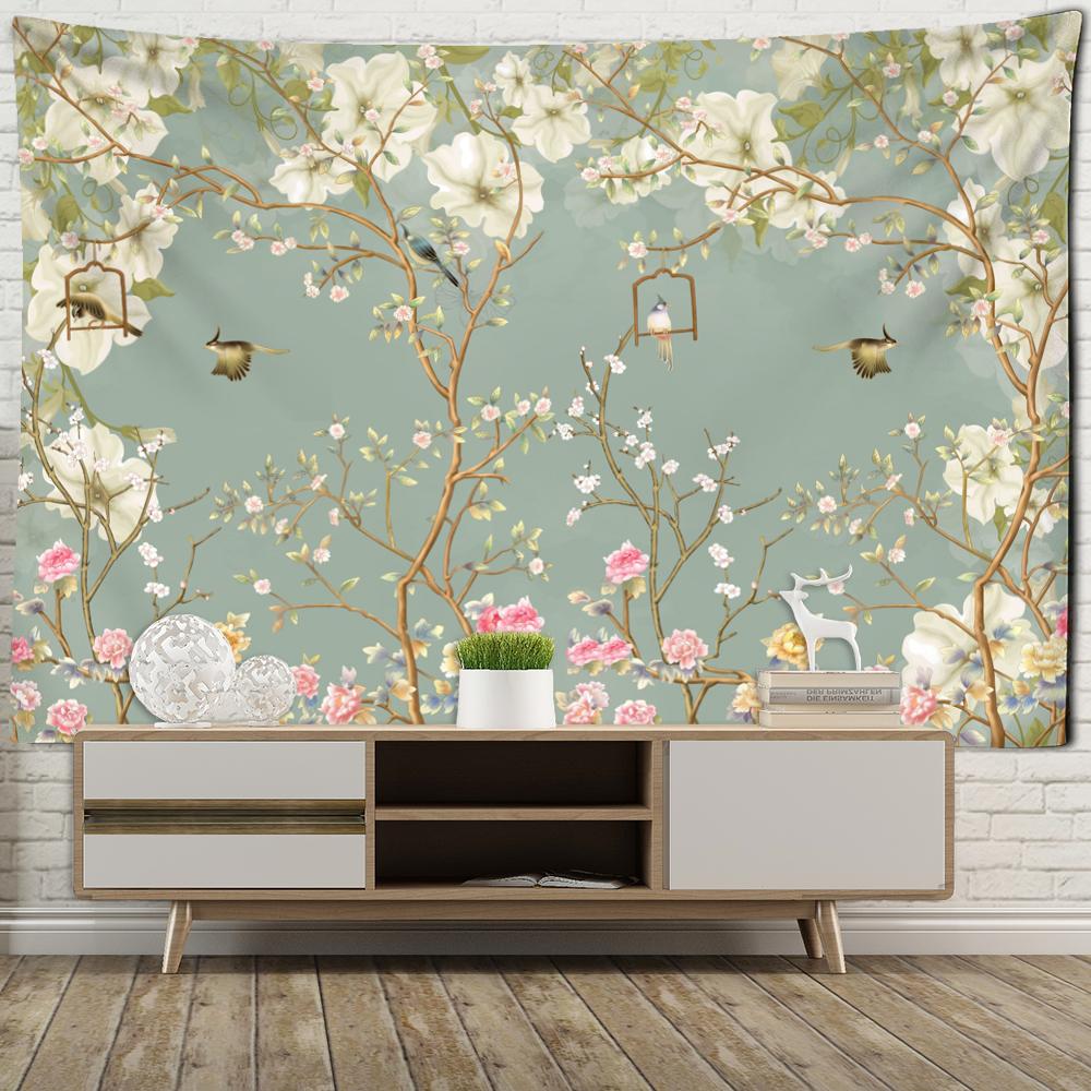 Зеленый цветок и птица живопись винтажный гобелен настенный бохо искусство хиппи тапиз — фото 4